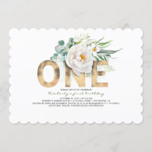 Gold Glitter and White Flowers 1st Birthday Invitation