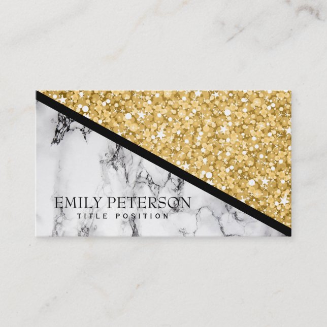Gold Glitter And White Marble Business Card (Front)