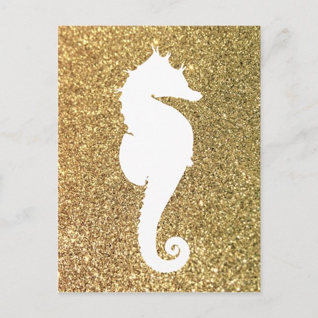 Gold Glitter and White Sea Horse Postcard (Front)