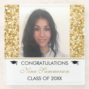 Gold Glitter And White Sparks- Graduations Glass Coaster