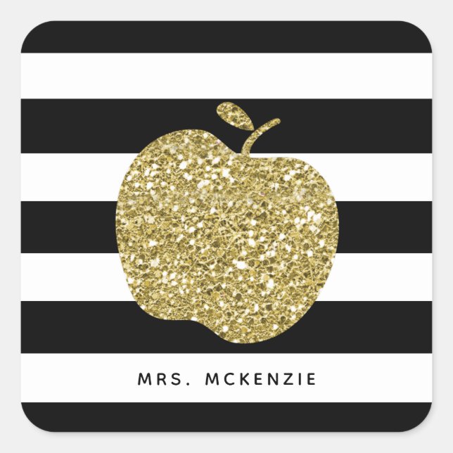 Gold Glitter Apple | Personalised Teacher Stickers (Front)