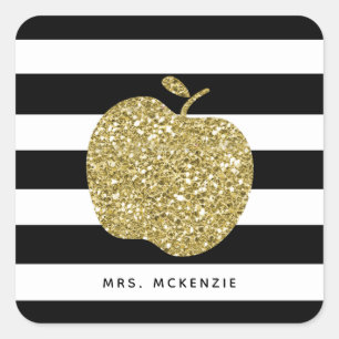 Gold Glitter Apple Personalised Teacher Stickers
