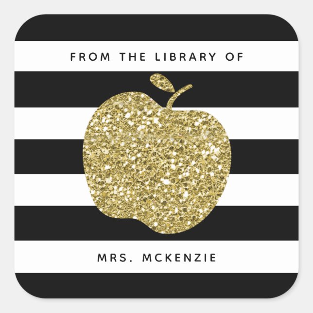 Gold Glitter Apple | Teacher Bookplate Stickers (Front)
