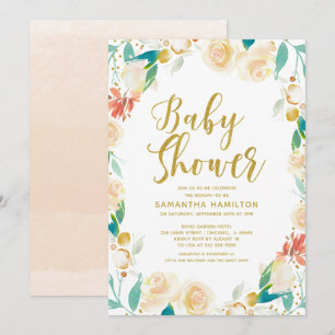 Gold Glitter Apricot Floral Girl Baby Shower Invitation