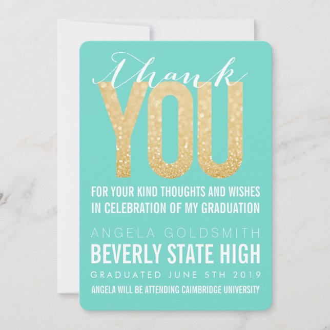Gold Glitter Aqua Graduation Thank You Card (Front)