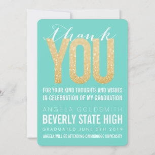 Gold Glitter Aqua Graduation Thank You Card