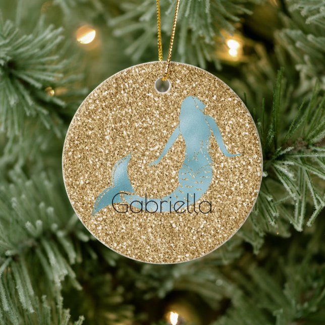 Gold Glitter Aqua Mermaid Personalised Ceramic Tree Decoration (Tree)