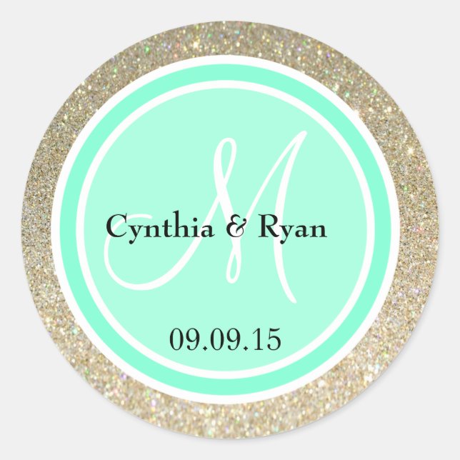 Gold Glitter & Aquamarine Wedding Monogram Label (Front)