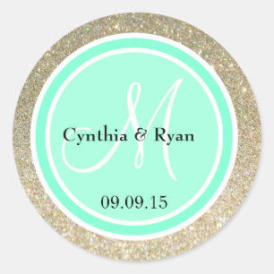 Gold Glitter & Aquamarine Wedding Monogram Label