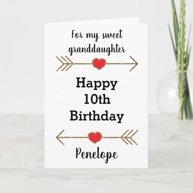 Gold Glitter Arrows & Heart 10th Birthday Card (Front)