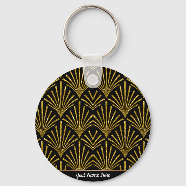 Gold Glitter Art Deco Pattern Keyring (Front)
