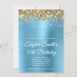 Gold Glitter Baby Blue Glam 30th Birthday Invitation