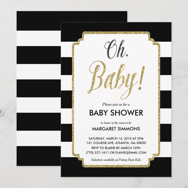 Gold Glitter Baby Shower Invitation, Black & Gold Invitation (Front/Back)