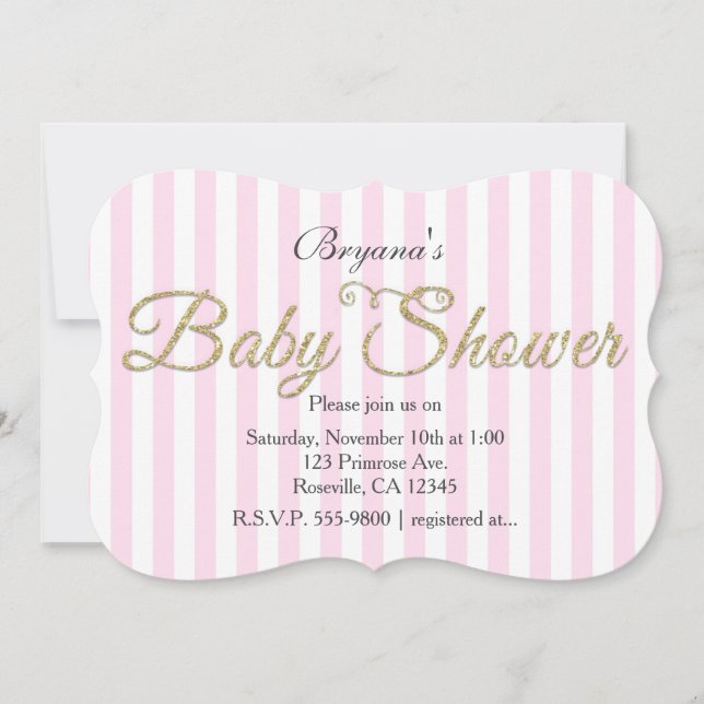 Gold Glitter BABY SHOWER Pink Striped Invitations (Front)