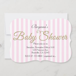 Gold Glitter BABY SHOWER Pink Striped Invitations