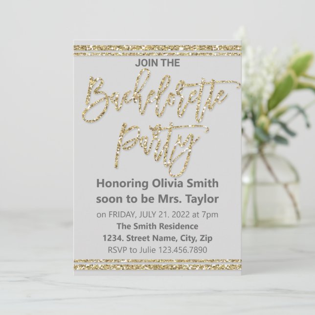 Gold Glitter Bachelorette Party Invitation (Standing Front)