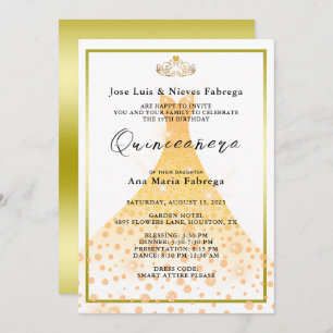 Gold Glitter Ball Gown, Tiara Quinceañera Birthday Invitation