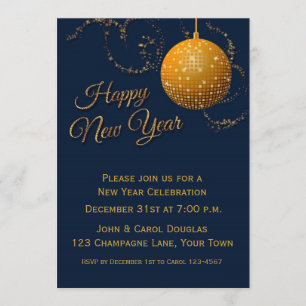 Gold Glitter Ball, Navy Blue, New Years Eve Invitation