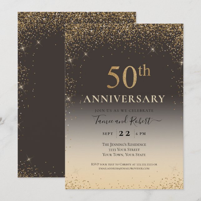 Gold Glitter Balloon 50th Anniversary Invitation (Front/Back)