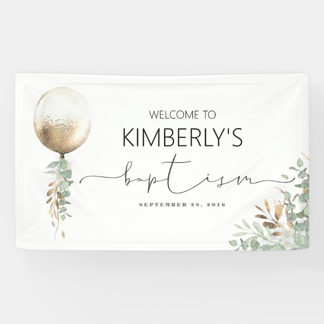 Gold Glitter Balloon Baptism Banner (Horizontal)