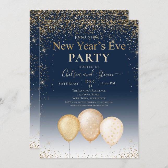 Gold Glitter Balloon New Year's Eve Party Invitation (Front/Back)