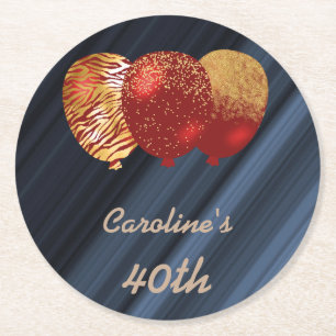 Gold Glitter Balloons 40th Birthday Round Paper Coaster