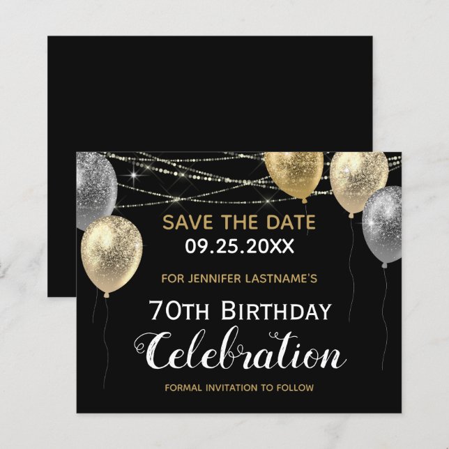 Gold Glitter Balloons 70th Birthday Save the Date (Front/Back)