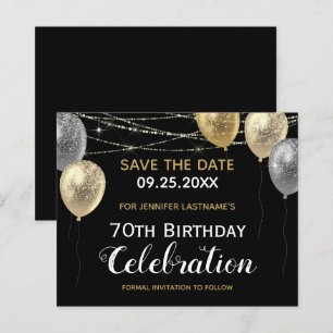 Gold Glitter Balloons 70th Birthday Save the Date