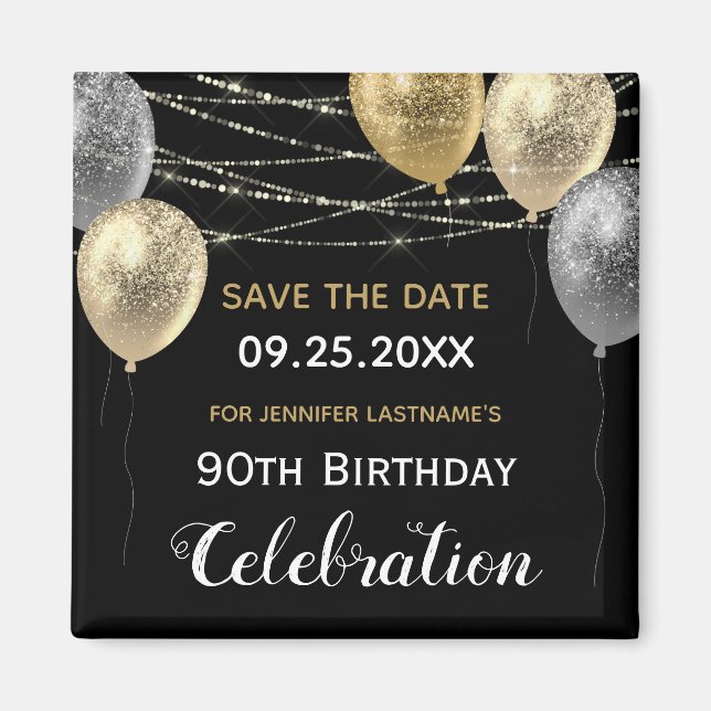 Gold Glitter Balloons 90th Birthday Save the Date Magnet (Front)