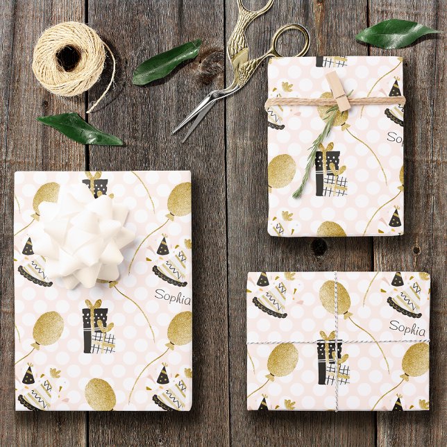Gold Glitter Balloons and Party Hats Kids Birthday Wrapping Paper Sheet (Creator Uploaded)
