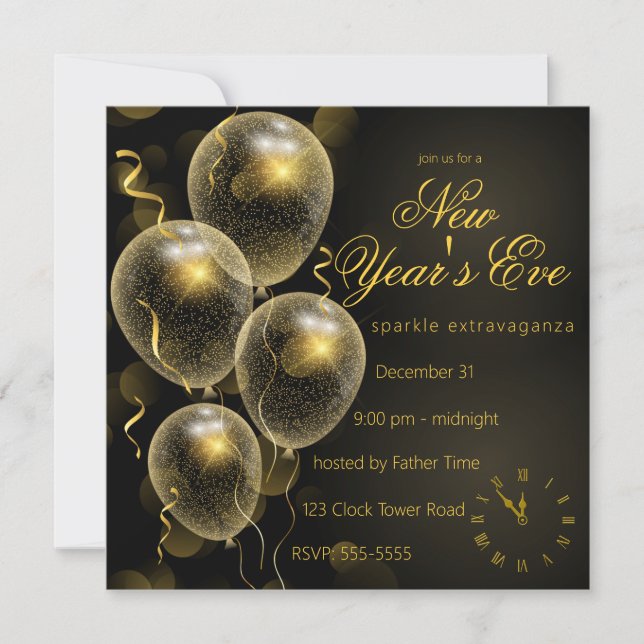 Gold Glitter Balloons Black New Year's Eve Party Invitation (Front)