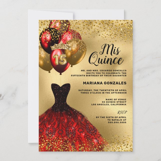 Gold Glitter Balloons Burgundy Dress Quinceanera Invitation (Front)