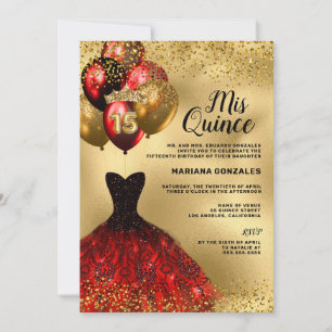 Gold Glitter Balloons Burgundy Dress Quinceanera Invitation