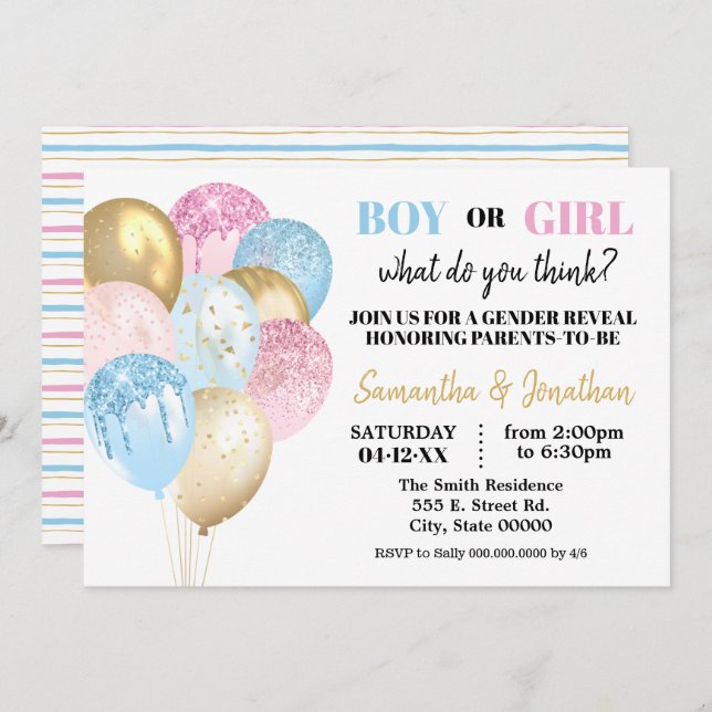 Gold glitter Balloons gender reveal pink or blue Invitation (Front/Back)