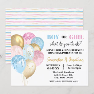 Gold glitter Balloons gender reveal pink or blue Invitation
