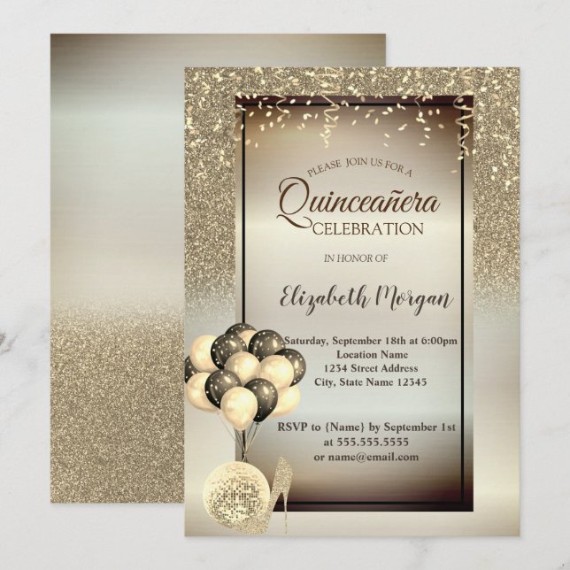 Gold Glitter,Balloons,High Heels Quinceanera Invitation (Front/Back)