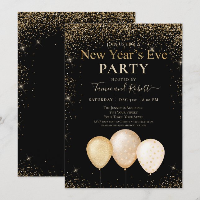 Gold Glitter Balloons New Year's Eve Party Invitation (Front/Back)