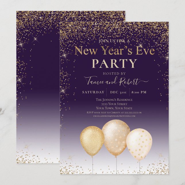 Gold Glitter Balloons Purple New Year's Eve Party  Invitation (Front/Back)