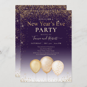 Gold Glitter Balloons Purple New Year's Eve Party  Invitation