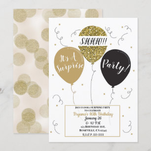 Gold Glitter Balloons Surprise Birthday Party Invitation