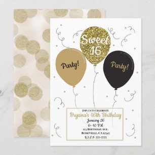 Gold Glitter Balloons Sweet 16 Birthday Party Invitation