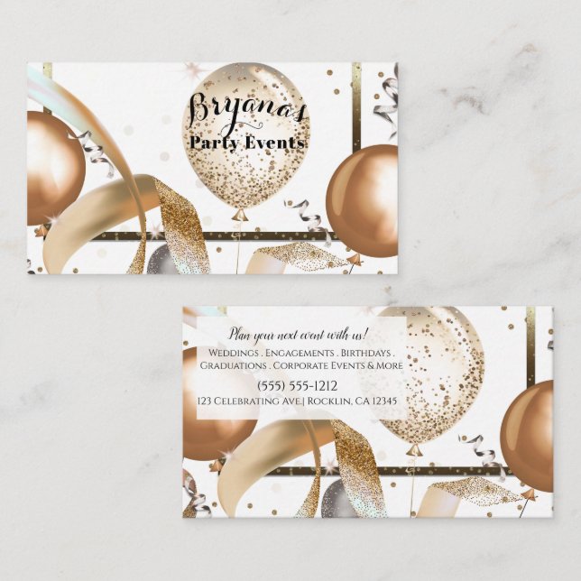 Gold Glitter Balloons White Party Event Planner Business Card (Front/Back)