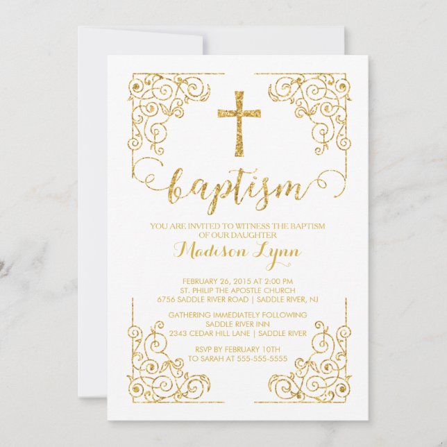 Gold Glitter Baptism Christening Cross Invitation (Front)