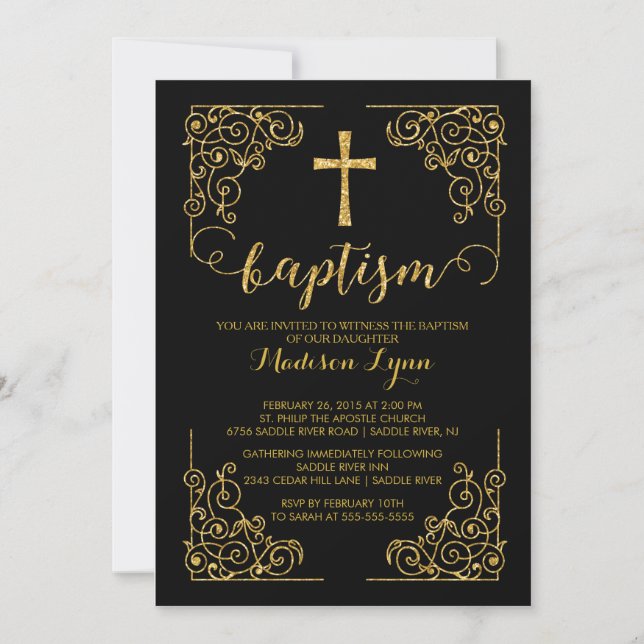 Gold Glitter Baptism Christening Cross Invitation (Front)