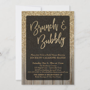 Gold Glitter Barn Wood Brunch & Bubbly Invitation