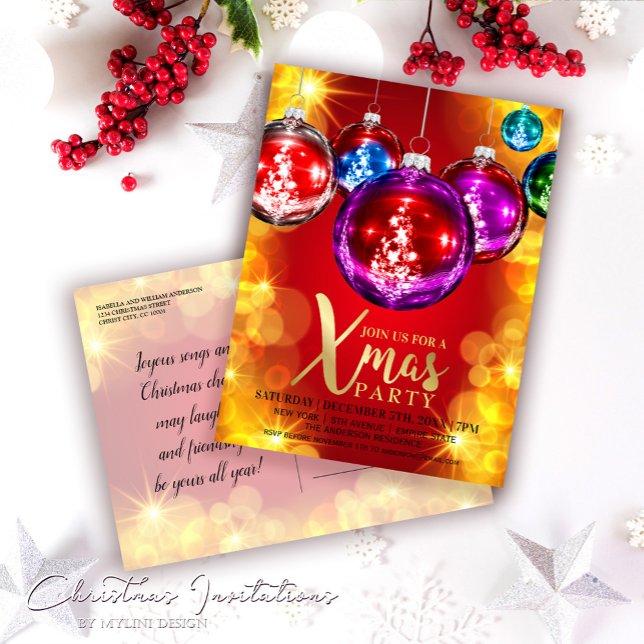Gold Glitter Baubles Christmas Party Invitation Postcard (Creator Uploaded)