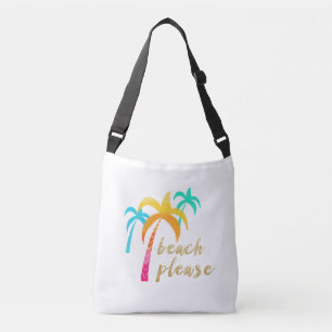 gold glitter "beach please" with colourful palms crossbody bag