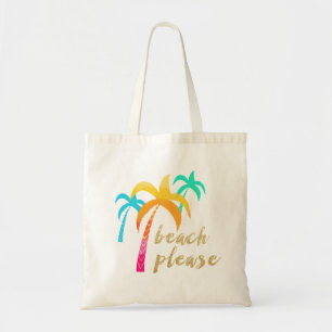gold glitter "beach please" with colourful palms tote bag