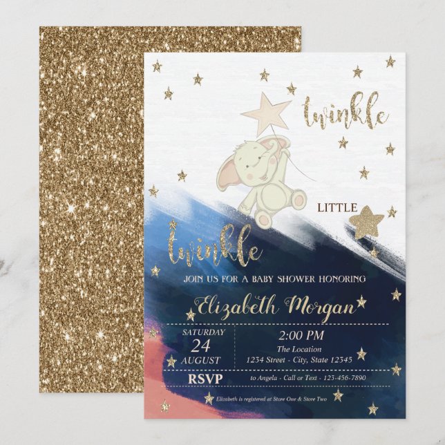 Gold Glitter Bear Baby Shower Twinkle Little Star Invitation (Front/Back)