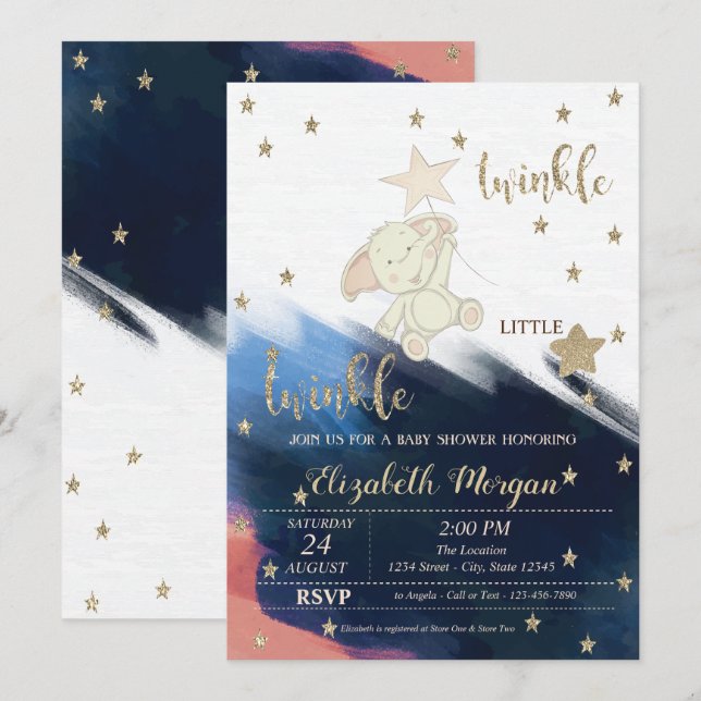 Gold Glitter Bear Twinkle Little Star Baby Shower Invitation (Front/Back)